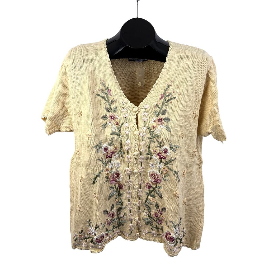 Vtg 1996 Tiara‎ International Floral Embroidered Cardigan L Ramie Cotton